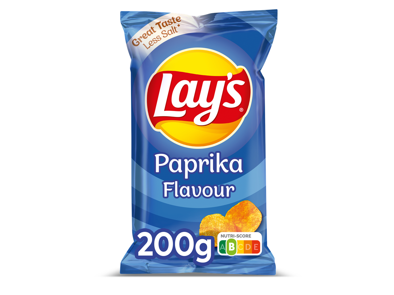 Een blauwe zak chips met paprikasmaak, 200g, met Nutri-Score A.