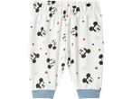 Pantaloni albi de bebeluși cu imprimeu Mickey Mouse și manșete albastre.