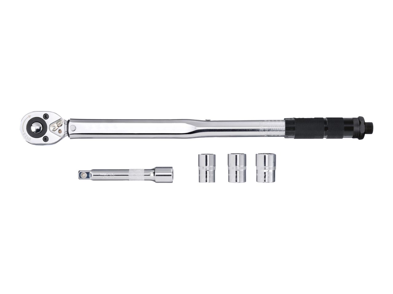 A torque wrench with three sockets and an extension bar.