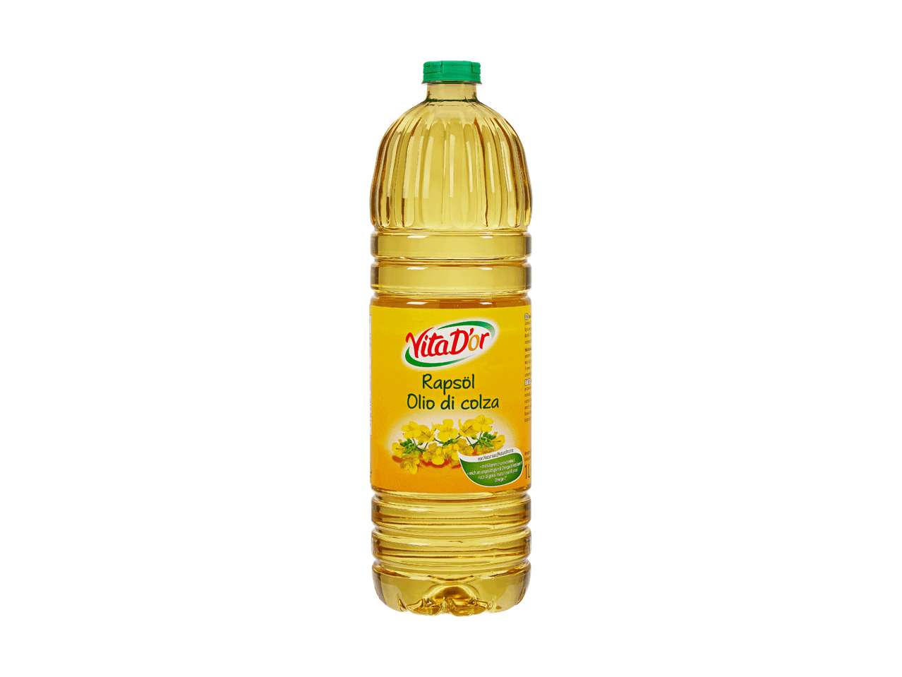 Eine Flasche Rapsöl mit gelbem Etikett und Rapsblüten.