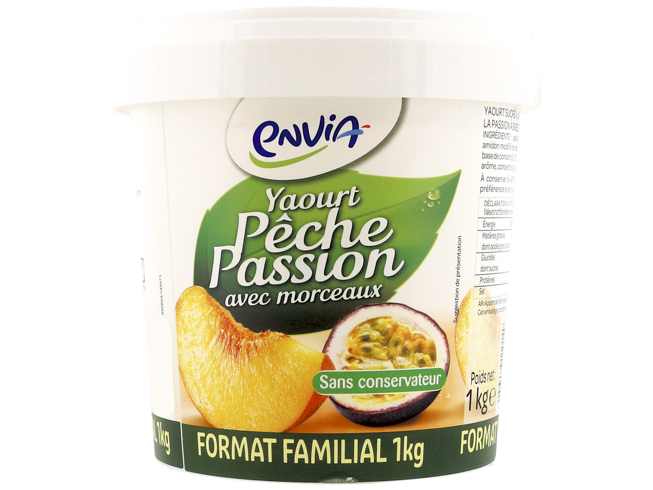 Pot de yaourt pêche passion avec morceaux, sans conservateur, format familial 1kg.