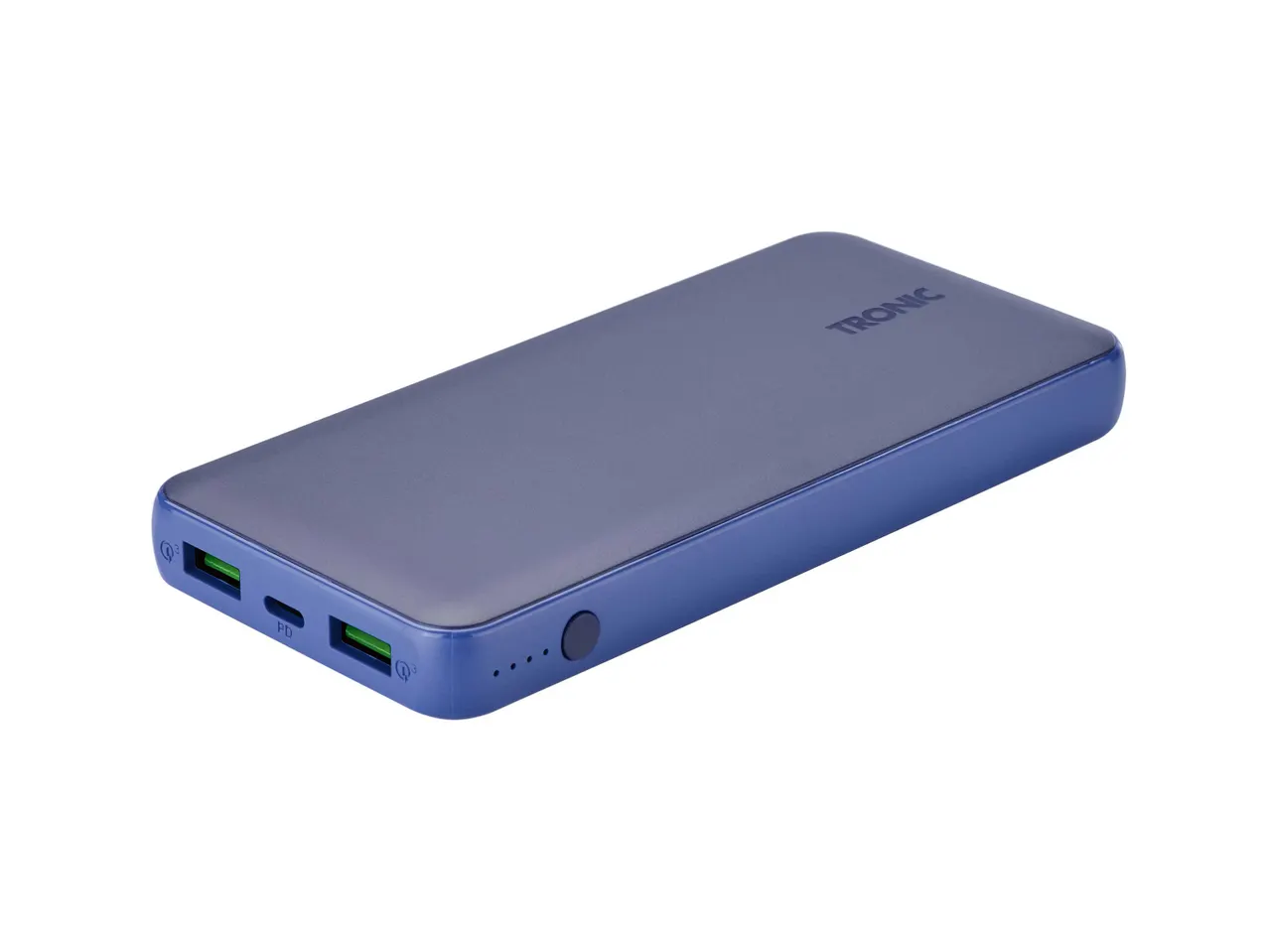 Kék TRONIC power bank, két USB-porttal és egy PD-porttal.