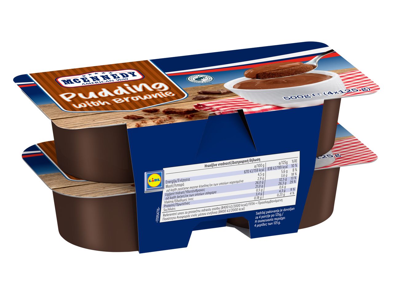 Σοκολατένια πουτίγκα με κομμάτια brownie, συσκευασία 4x125g, με διατροφικές πληροφορίες.