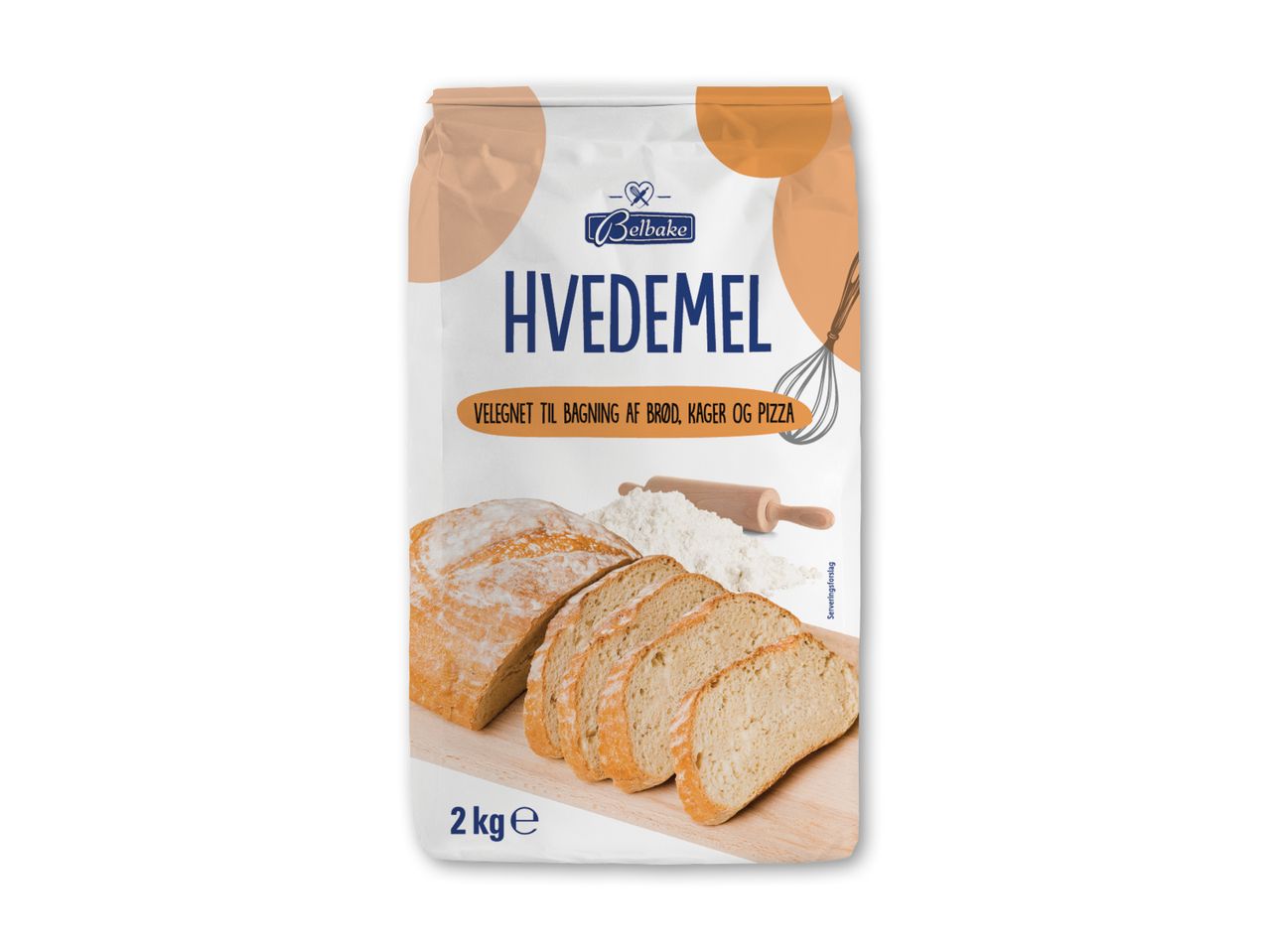 Hvedemelspakke med brødskiver, mel og kager, velegnet til bagning af brød, kager og pizza.