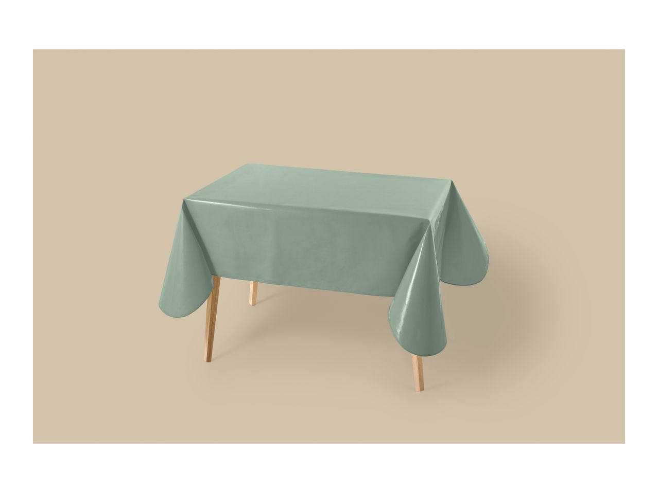 Rectangular table with a sage green tablecloth on a beige background.