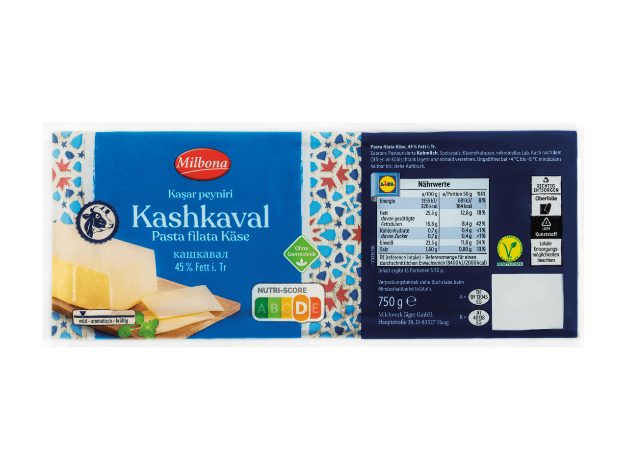 Kashkaval Pasta Filata Käse mit 45% Fett i. Tr., Nährwertangaben und Entsorgungshinweisen.