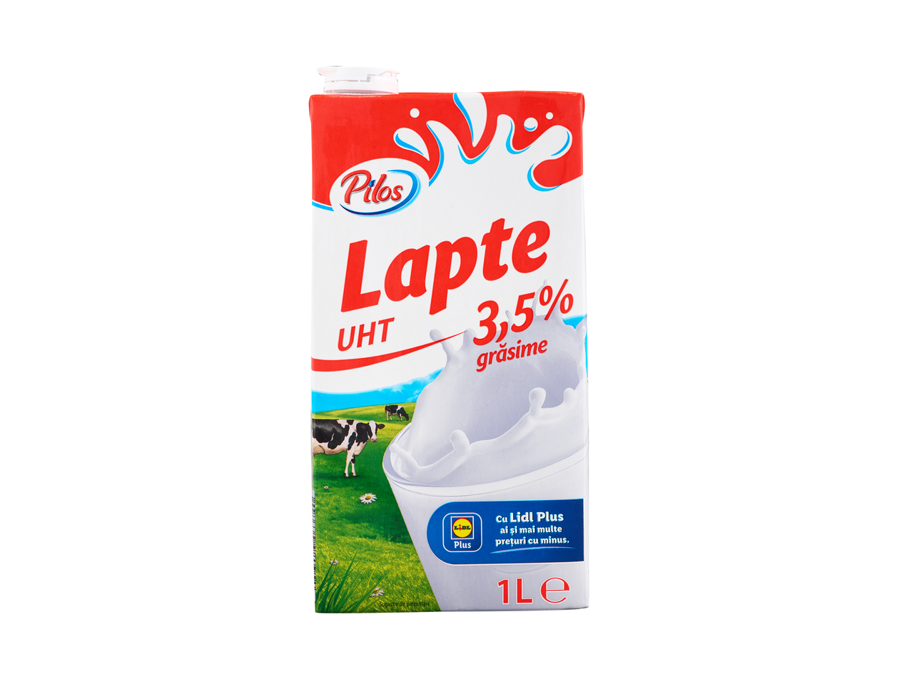 Pilos Lapte UHT 3,5% grăsime, 1L, cu vaci pe pășune și logo Lidl Plus.