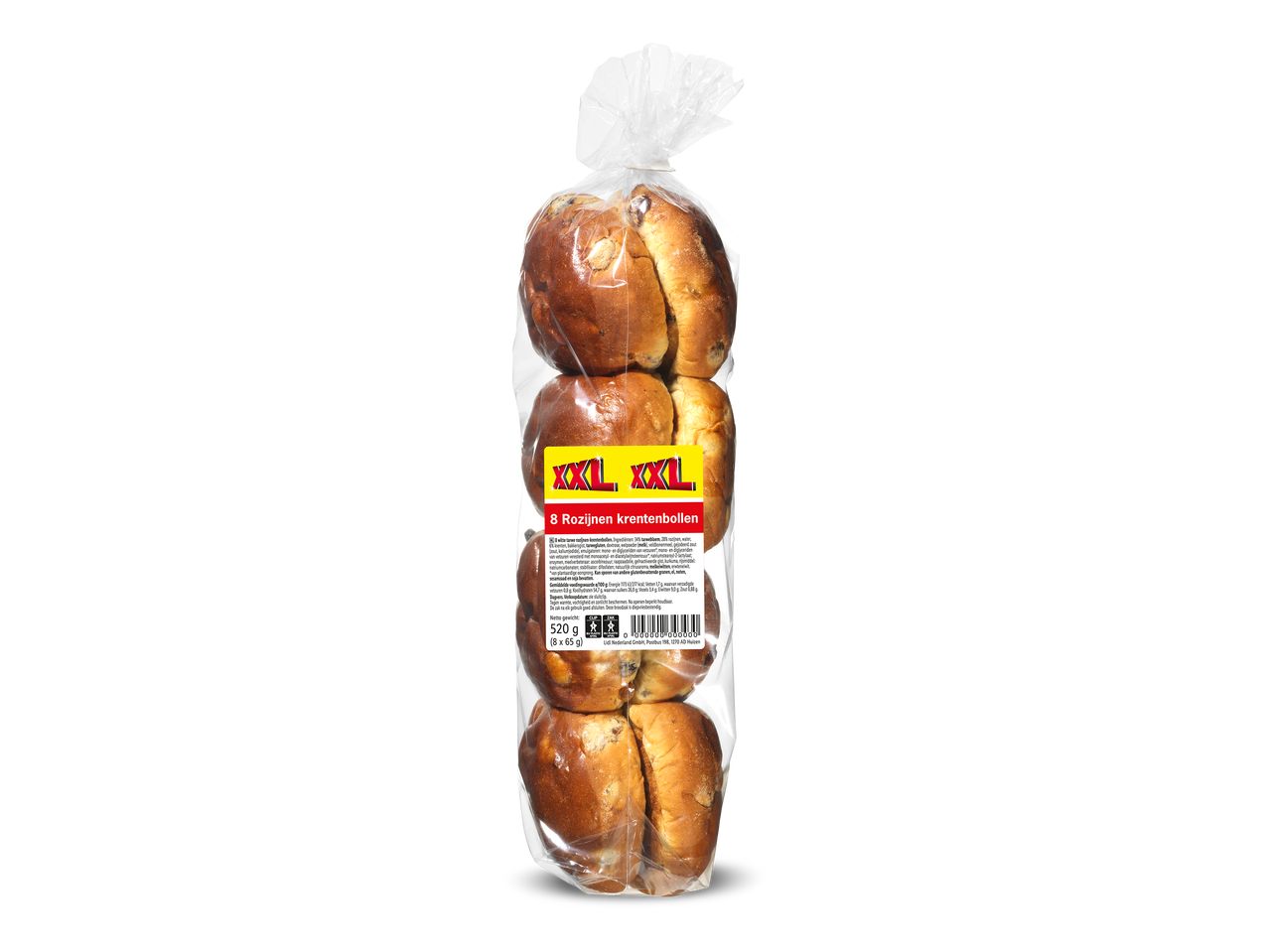 Een zak met 8 rozijnen krentenbollen, met een geel etiket met de tekst 'XXL' en productinformatie.