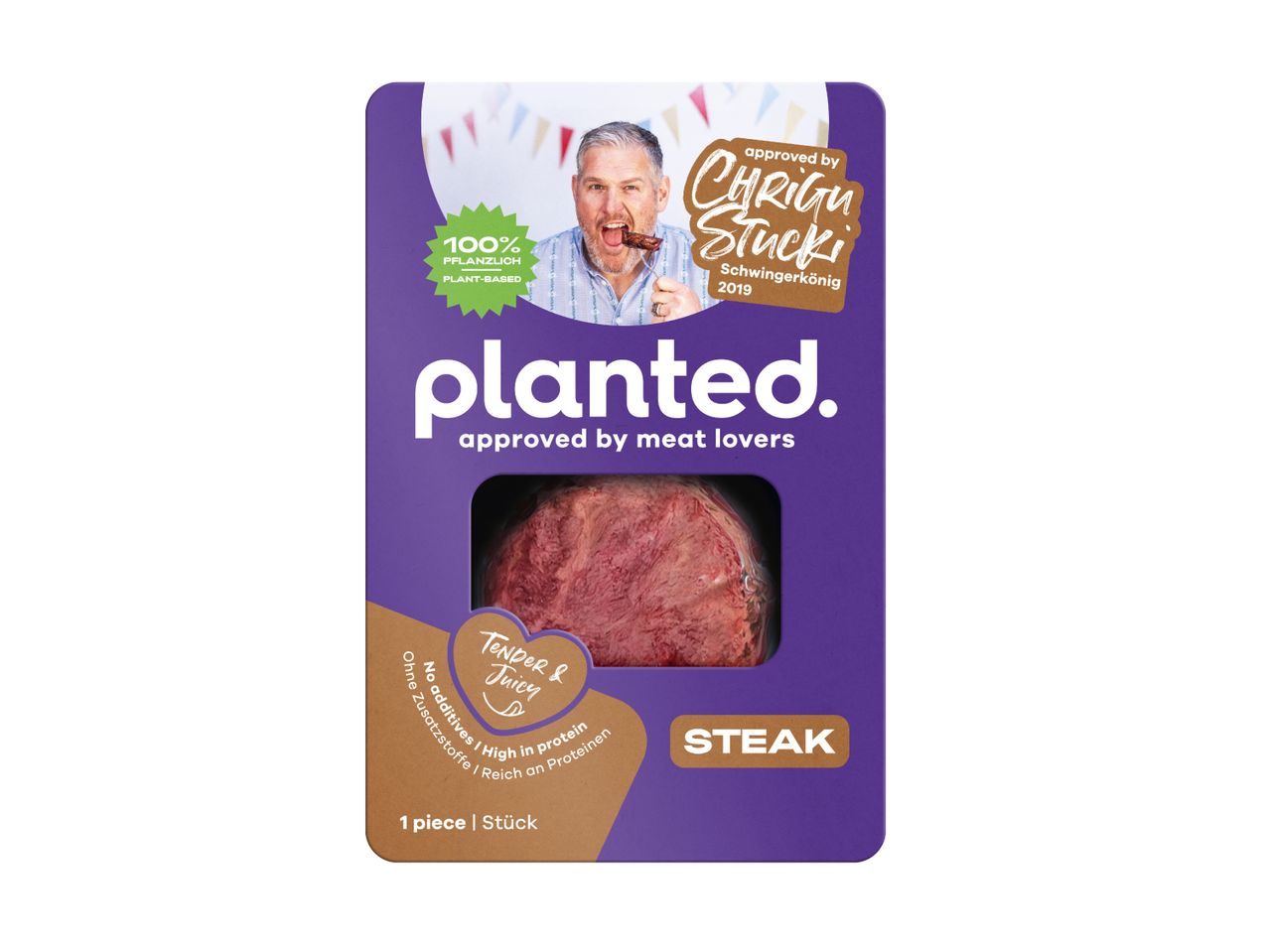 Bistecca vegetale Planted: confezione viola con foto del prodotto.