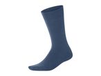 Single dark blue sock, standing upright on a white background.