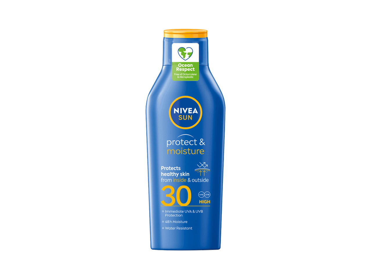 Plava boca losiona za sunčanje sa zaštitnim faktorom 30, „Ocean Respect“ oznakom i natpisom „protect & moisture“.