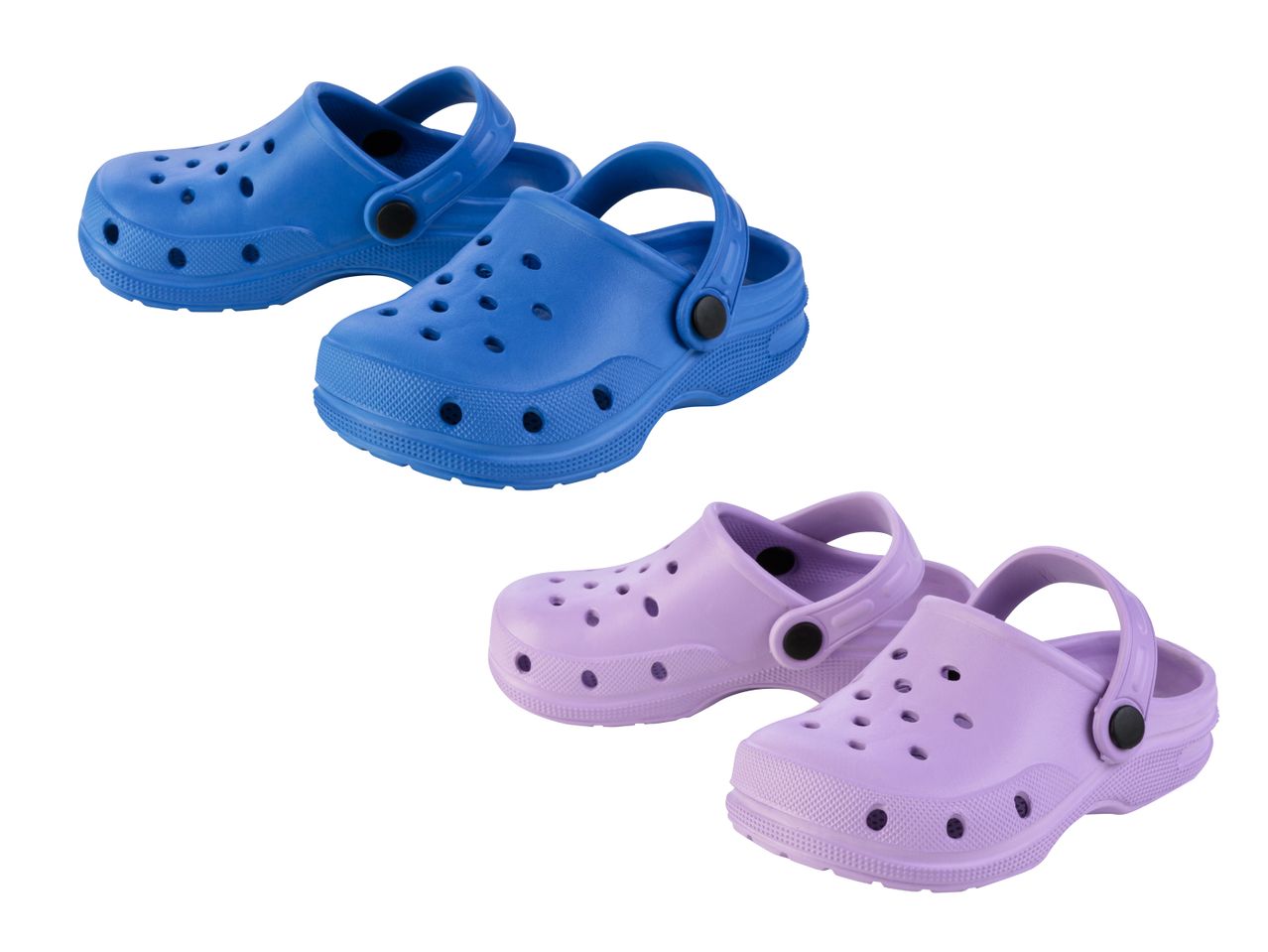 Zwei Paar Clogs: ein blaues und ein lilafarbenes Paar.