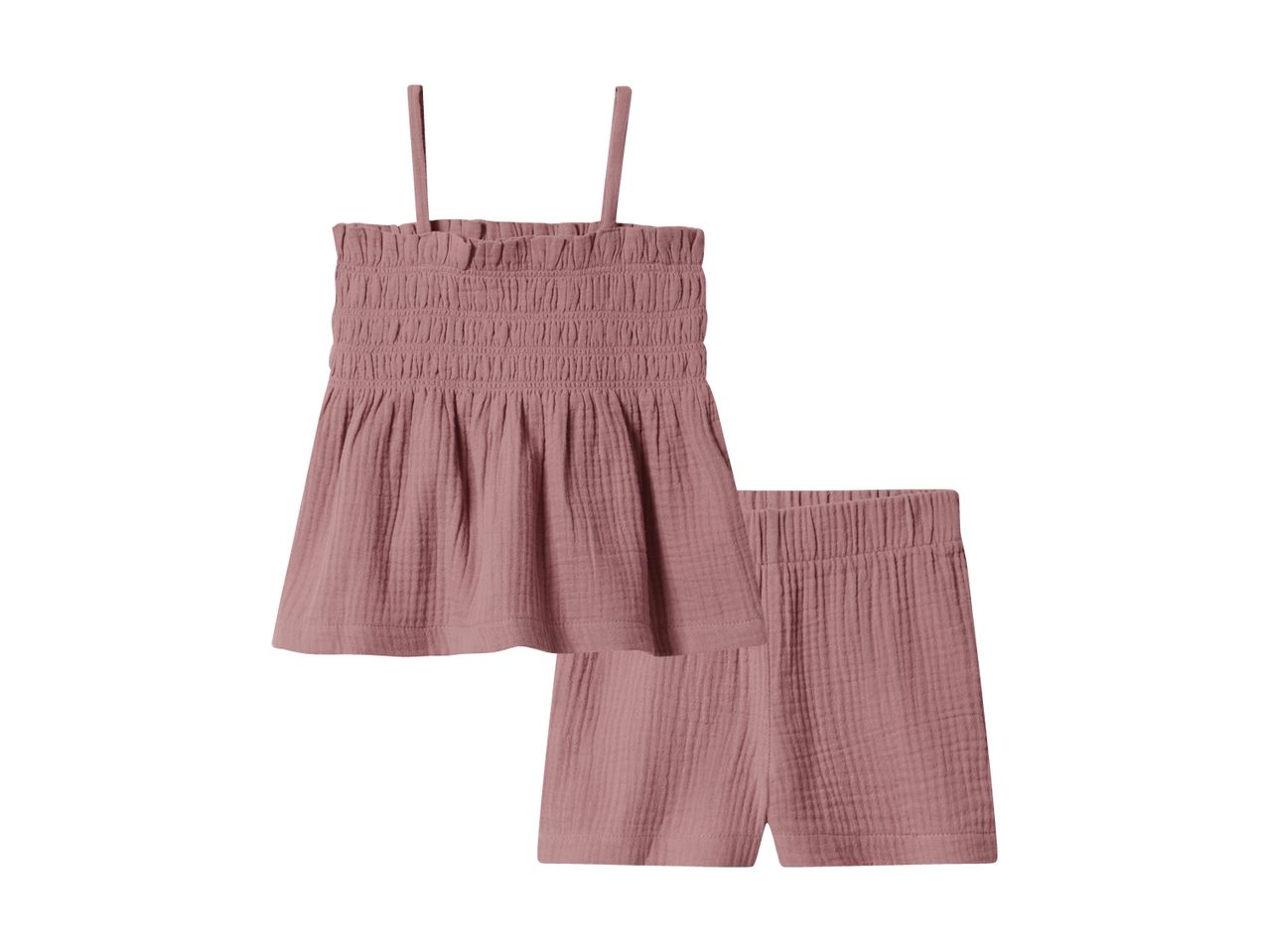 Pink smocked camisole top and matching shorts set for children.