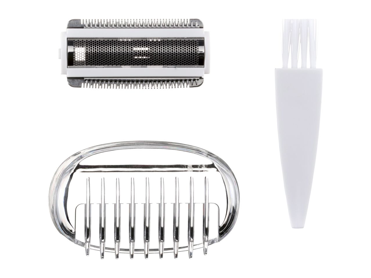 Replacement parts for an electric razor, including a foil head, a cutting head, and a cleaning brush.
