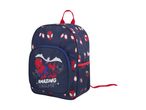 Blue children's backpack with Spider-Man faces and a graphic of dinosaur-like characters with the text 'AMAZING TEAM-UP'.