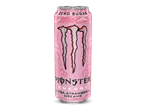 Roze energiedrankje met 'Zero Sugar' en 'Ultra Strawberry Dreams' tekst.