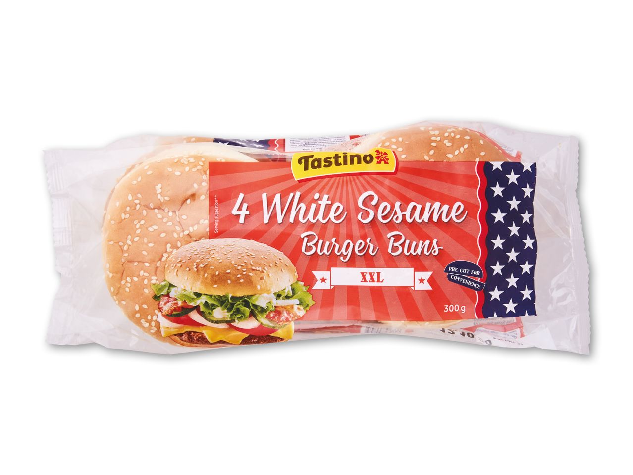 Pakke med 4 hvide sesamburgerboller, XXL, 300g, klar til brug.