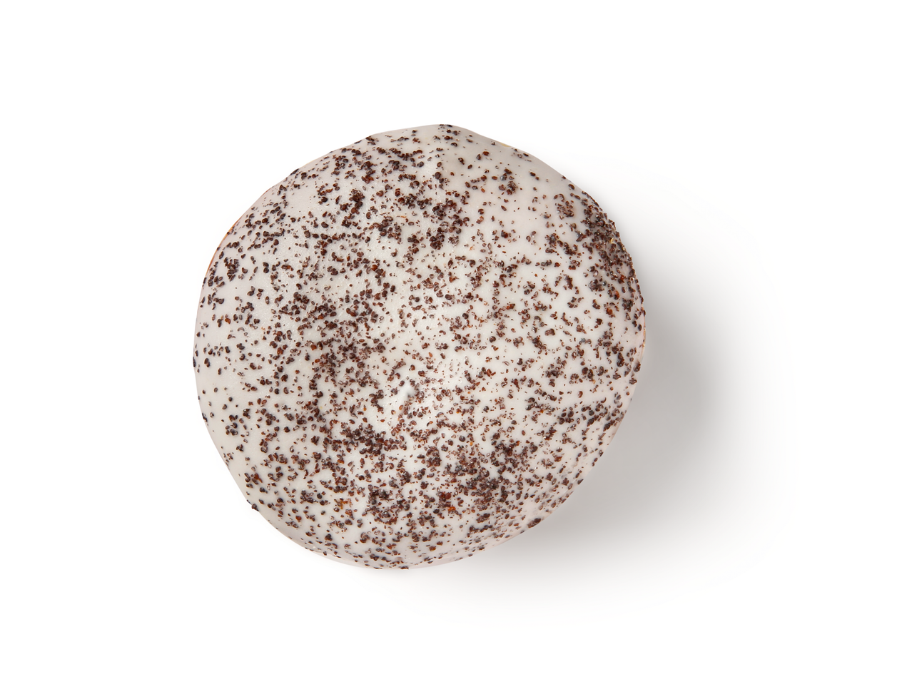 Alpenfest Germknödelbol, ein weißer Knödel mit dunklen Streuseln, von oben gesehen.