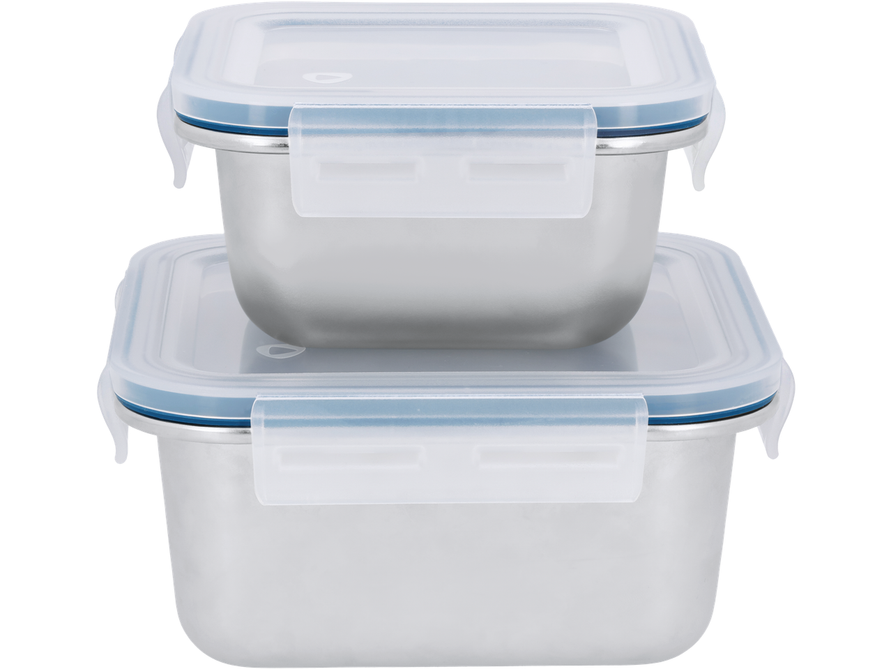 Two stacked stainless steel food containers with clear plastic lids and blue seals.