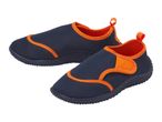 Pair of navy blue and orange children's water shoes with textured soles.
