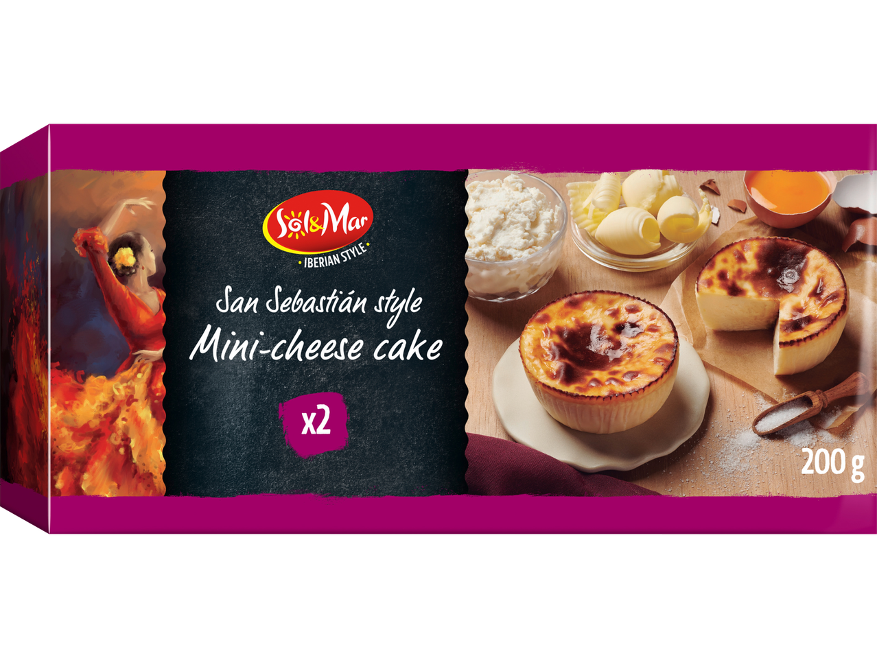 Förpackning med två San Sebastián-minicheesecakes i iberisk stil, med ingredienser och en flamencodansare.