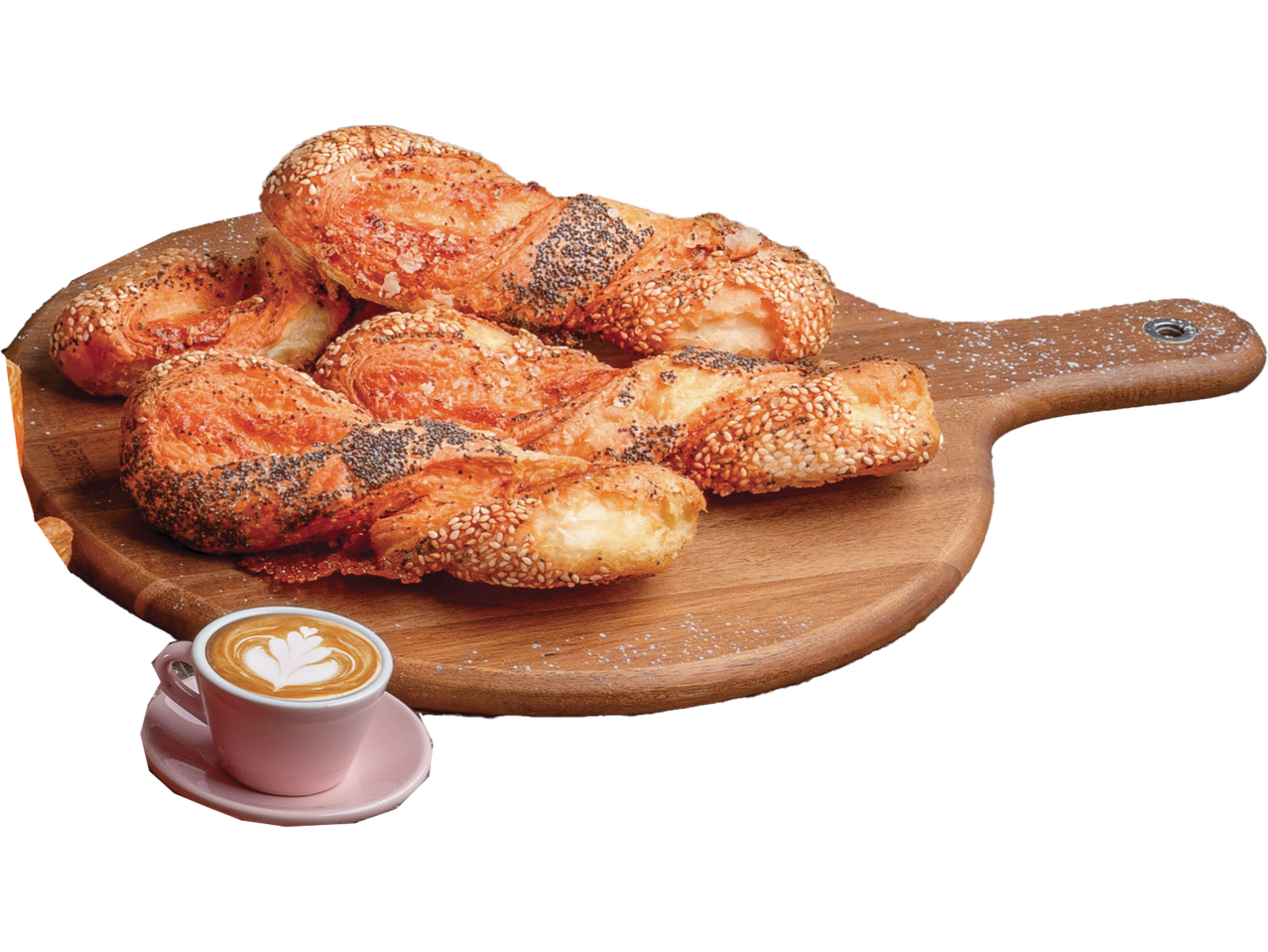 Keptos bandelės su sezamo sėklomis ir puodelis kavos.