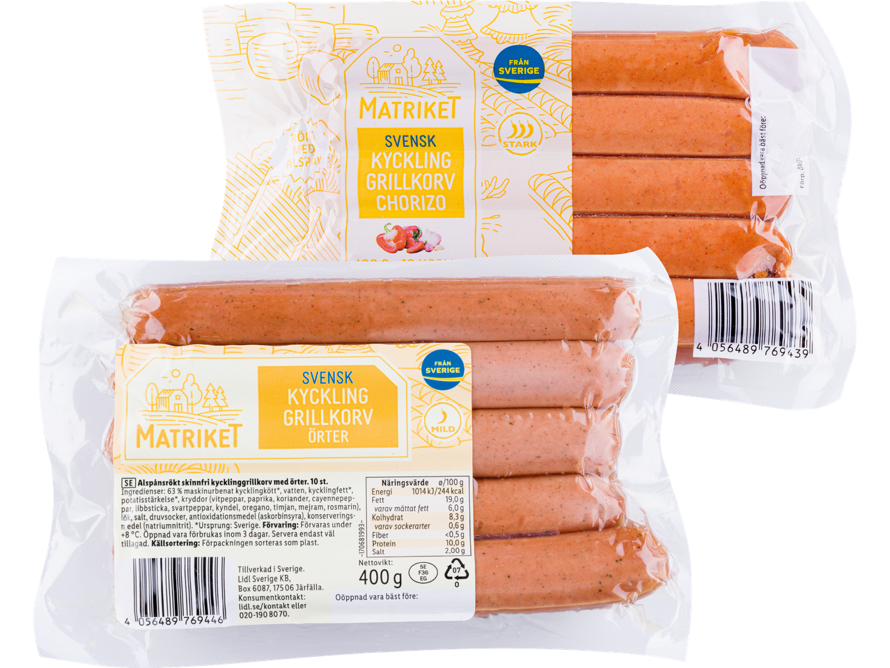 Två förpackningar Matrikets svenska kycklinggrillkorv, en med chorizo och en med örter.