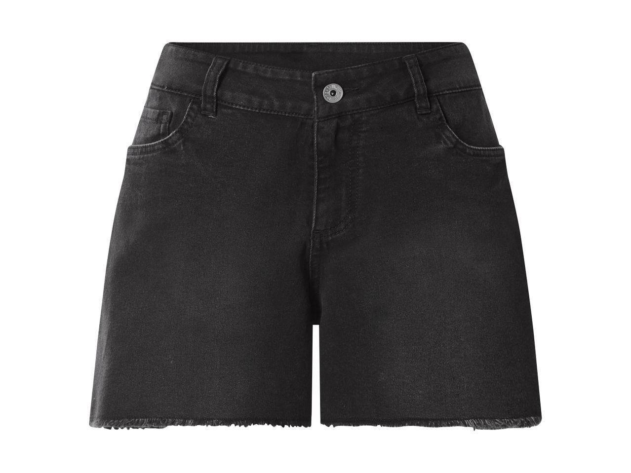 Black denim shorts with a frayed hem and front pockets.