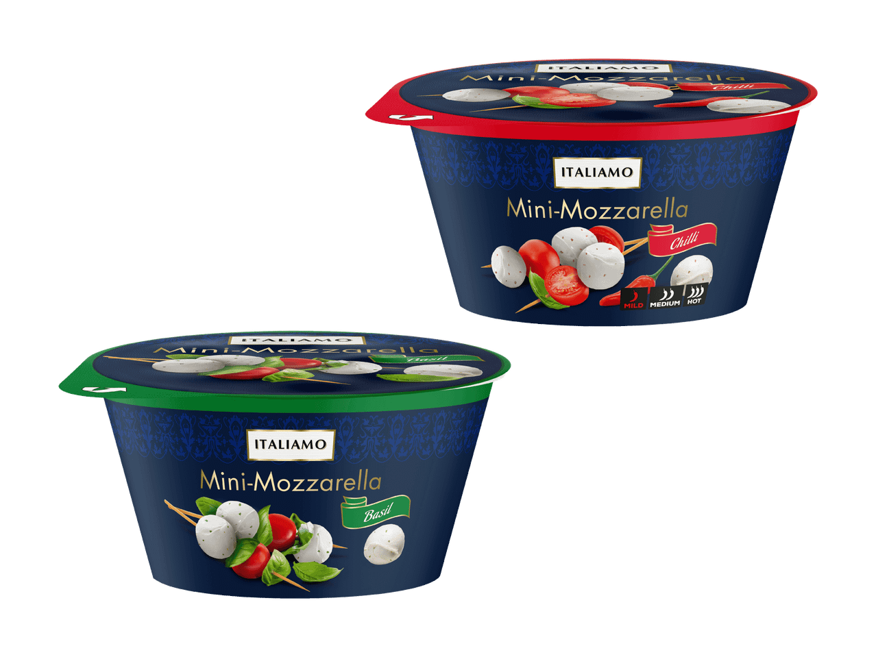 Deux pots de mini-mozzarella, l'un au piment et l'autre au basilic.
