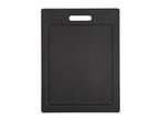 Black rectangular cutting board with a handle and a juice groove