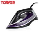 A black Tower brand steam iron with purple accents.