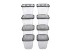 Two stacks of clear plastic food storage containers with gray lids.
