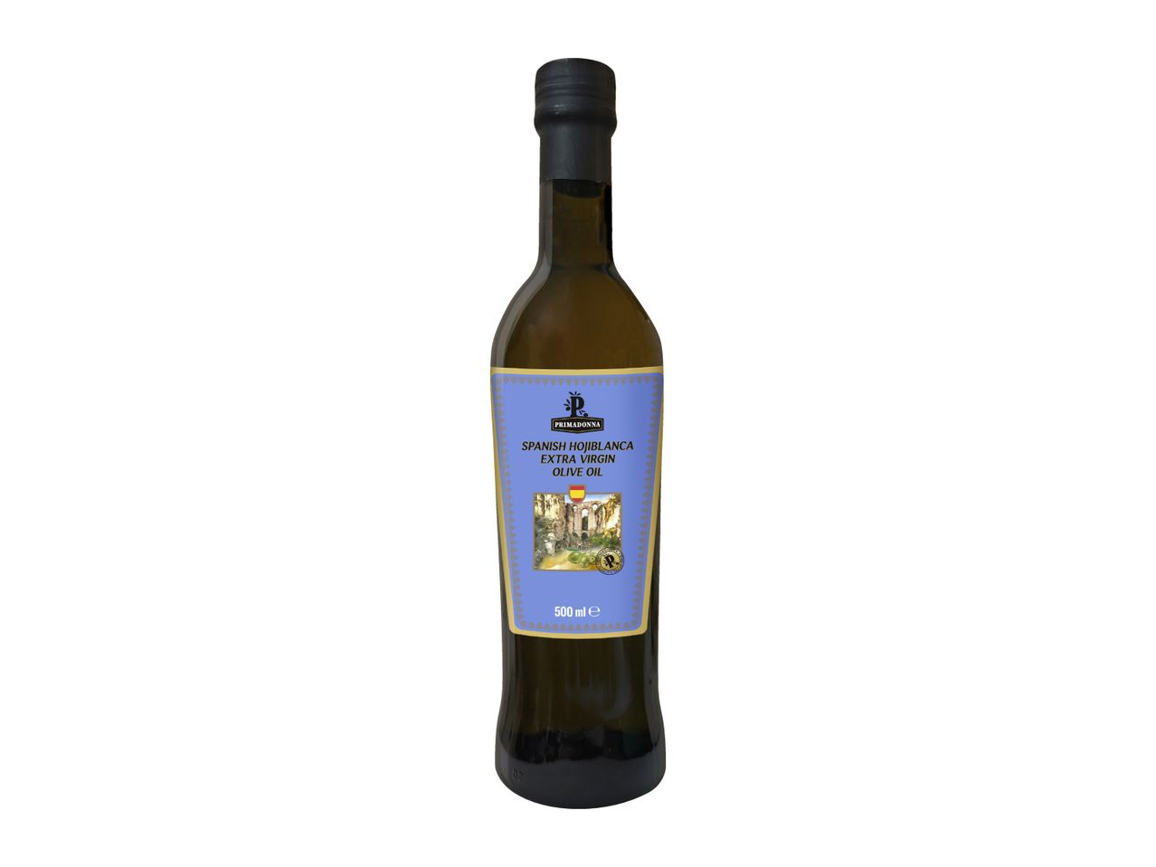 Spanish Hojiblanca Extra Virgin Olive Oil in a 500ml bottle with a blue label