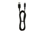 Black USB to Lightning charging cable, coiled and secured with a strap