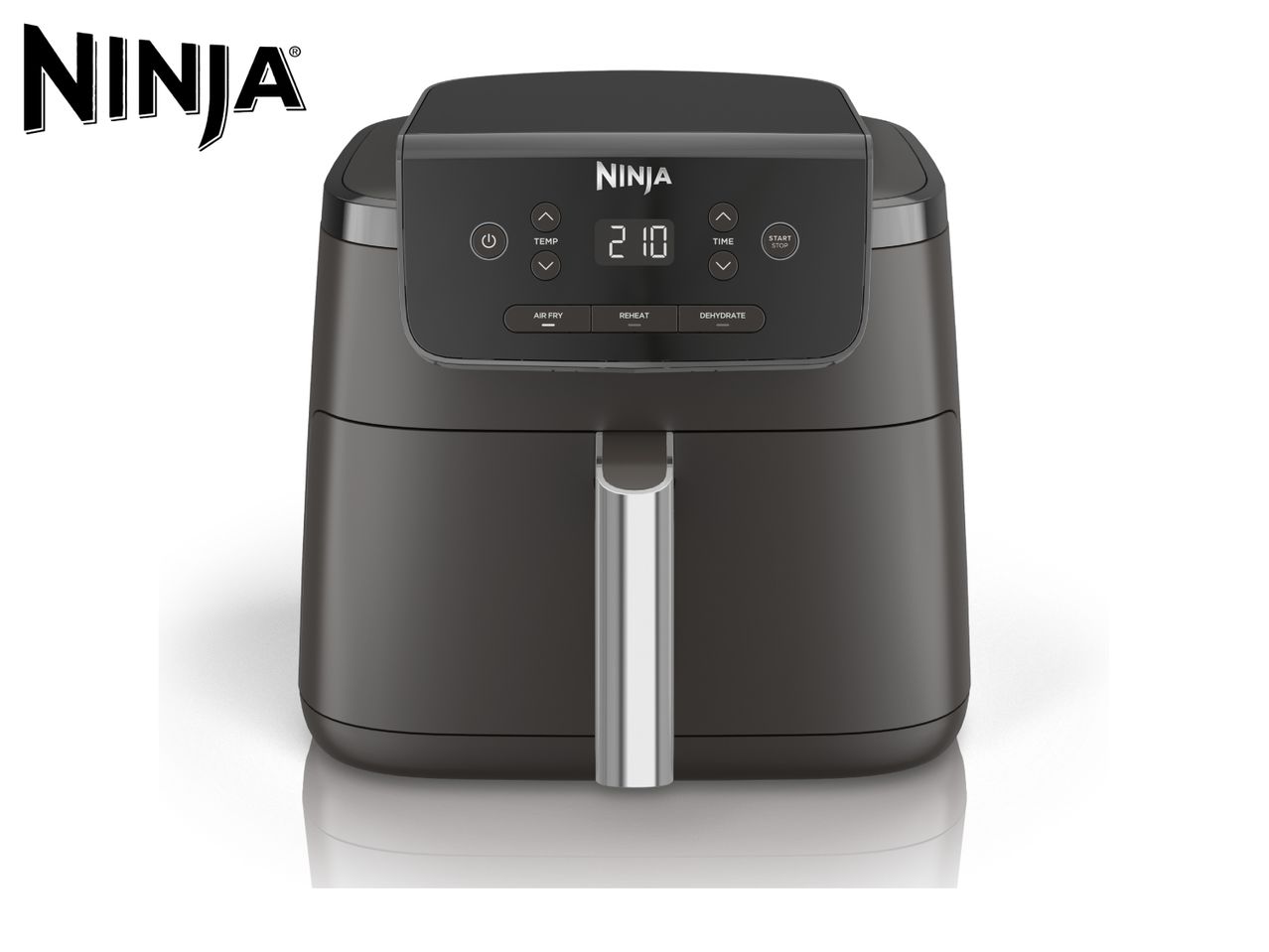 Black air fryer with digital display showing 210, and control buttons.