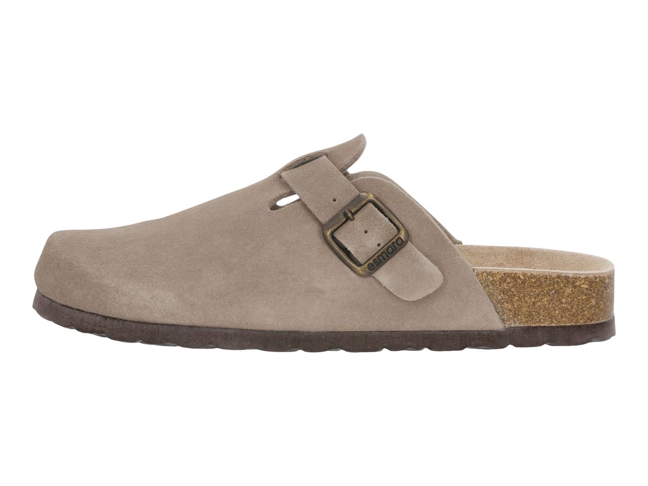 Light brown suede clog with an adjustable buckle and cork sole.
