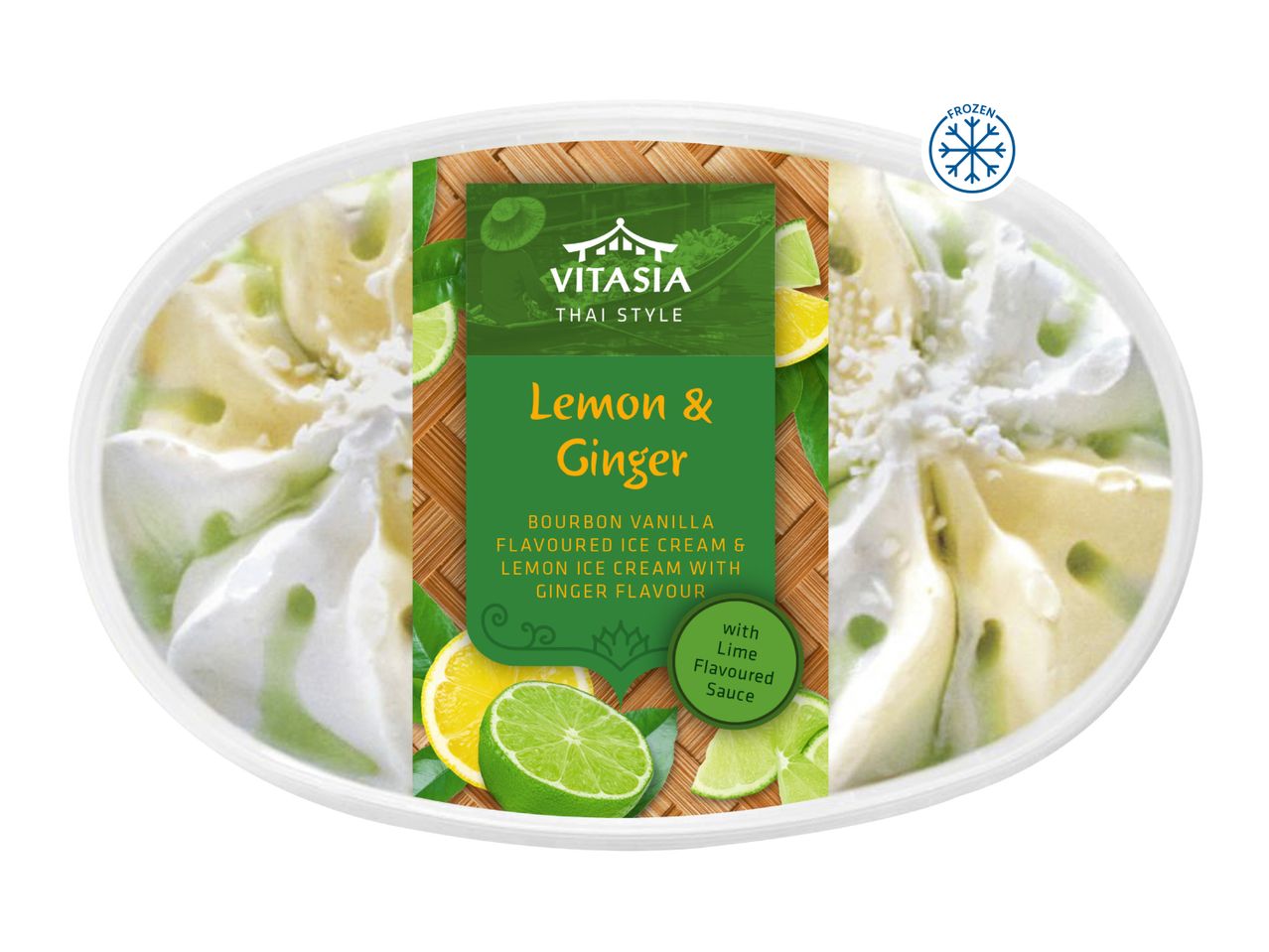 Lemon & Ginger ice cream with bourbon vanilla and lime flavoured sauce, frozen.