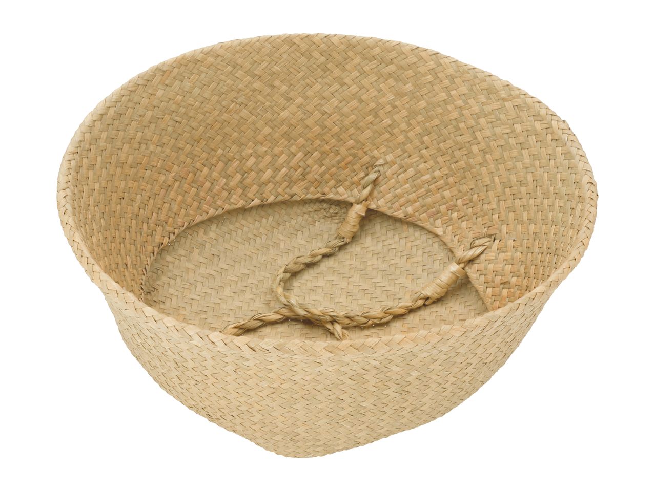 Woven seagrass basket with handles, viewed from above