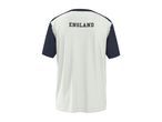 Back of a white and navy short-sleeved t-shirt with 'ENGLAND' printed across the shoulders.