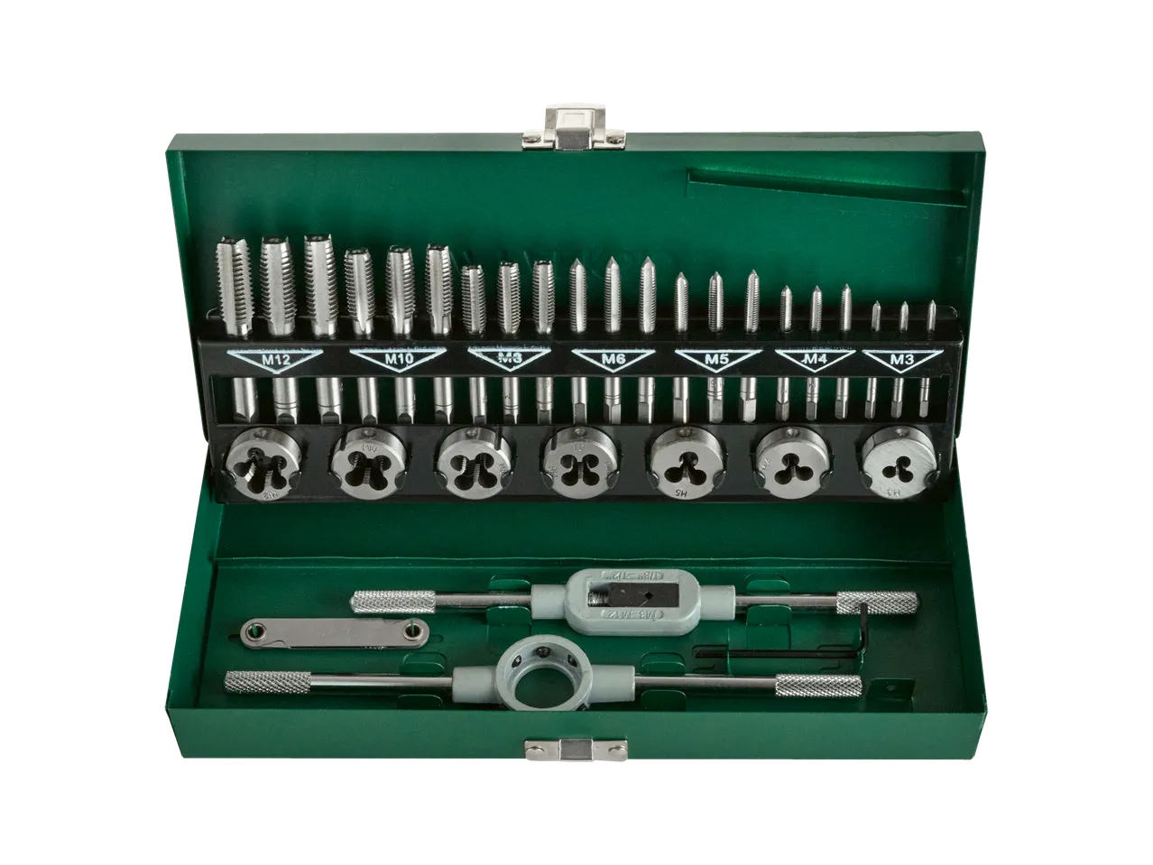 Tap and die set in a green case.