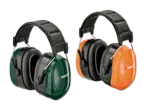 Zwei Gehörschützer in Grün und Orange mit schwarzem Kopfbügel und Ohrmuscheln.