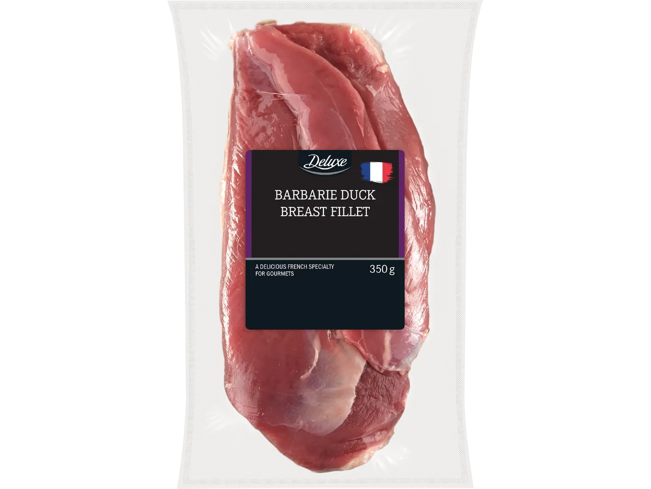 Vakuumförpackad Barbarie ankbröstfilé, 350 g, med texten 'A DELICIOUS FRENCH SPECIALTY FOR GOURMETS'.