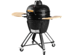 Grillmeister Ceramic Barbecue in black with wooden side shelves and a temperature gauge.