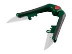 Green and black garden shears with stainless steel blades, featuring a red button and textured grips.