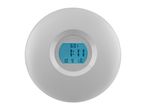 Round white digital wall clock with a blue backlit display showing the time and date