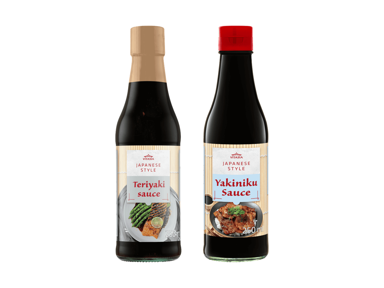 Zwei Flaschen Valio Teriyaki-Soße, eine für Fisch, eine für Fleisch.