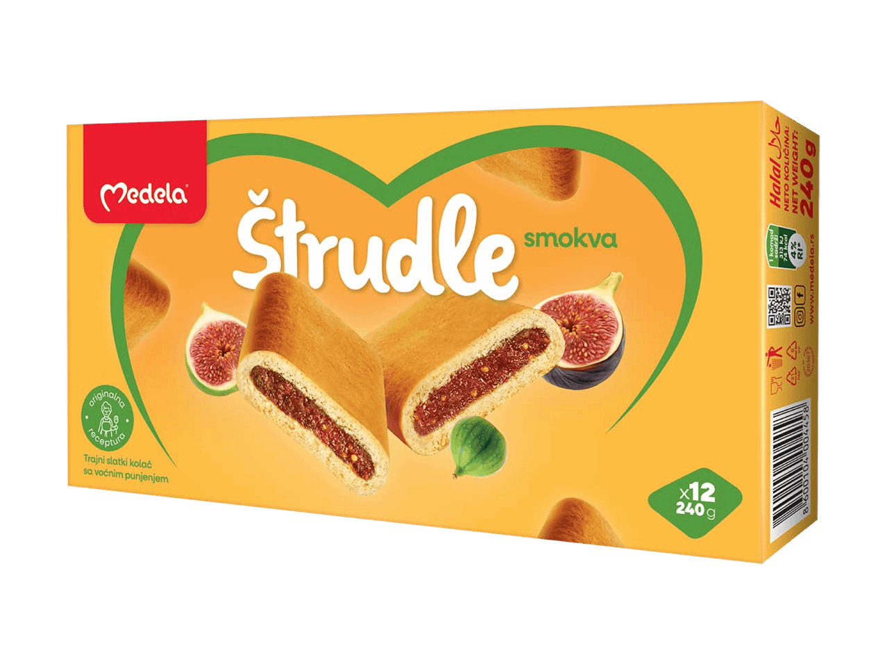 Medela Štrudle mit Feigenfüllung in einer gelben Verpackung.