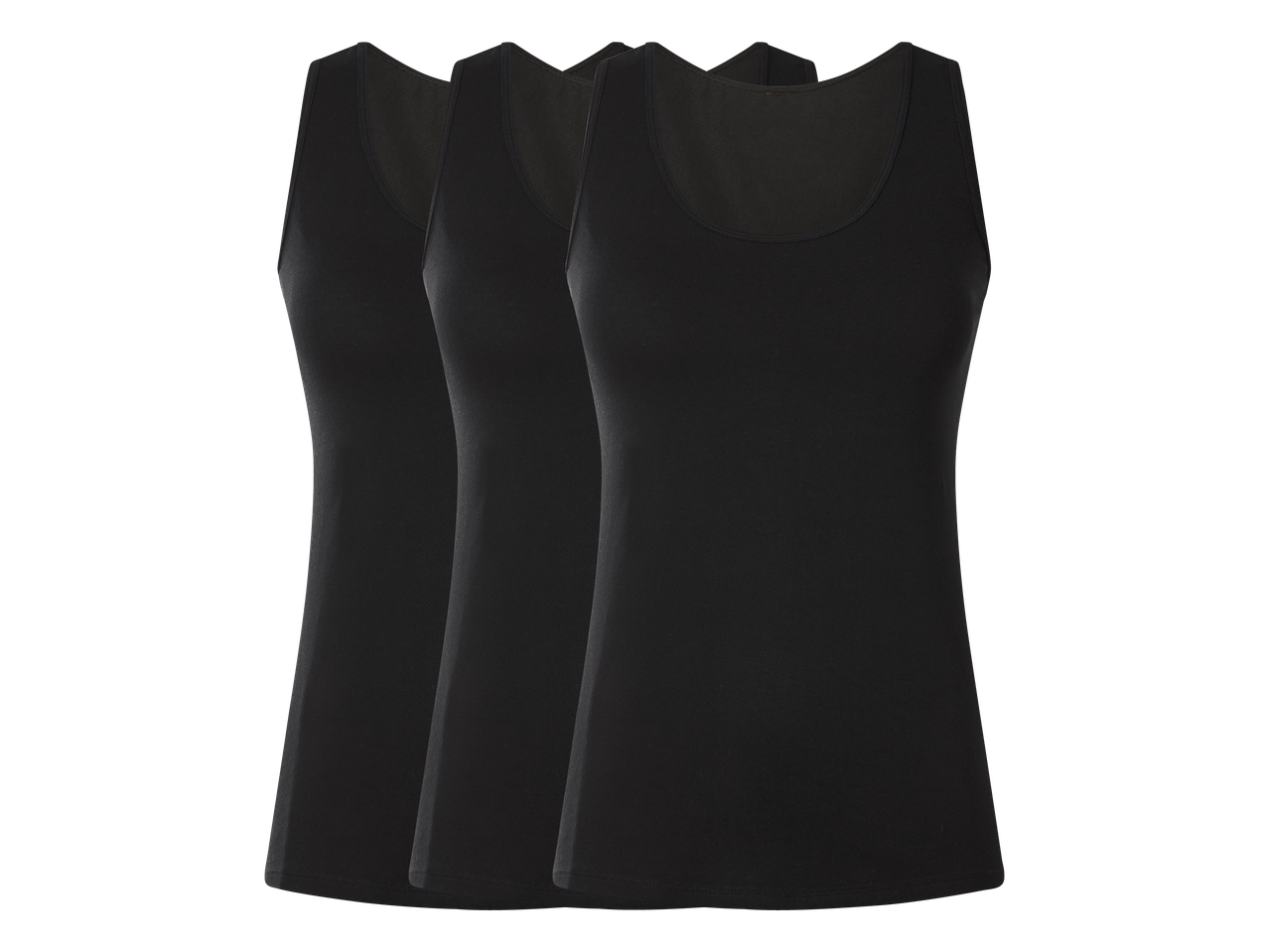 Три черни дамски потничета, подредени едно зад друго на черен фон.