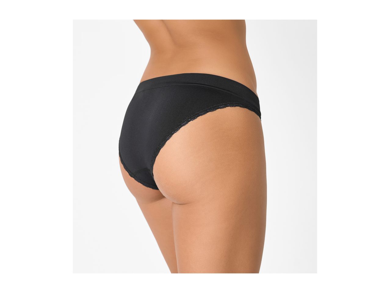 Rear view of a woman wearing black briefs with lace trim.