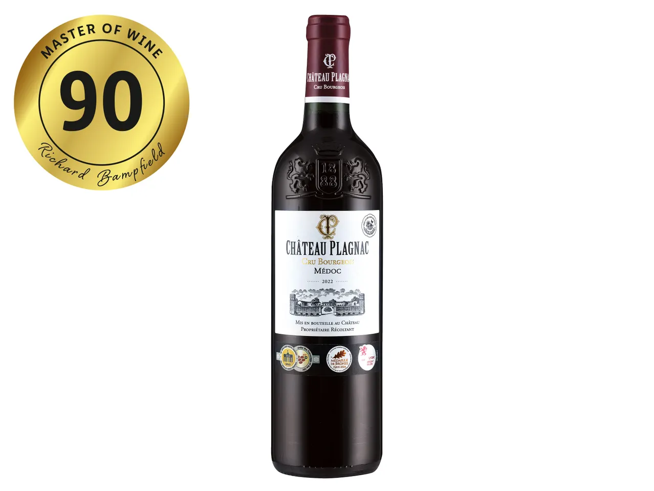 Château Plagnac Cru Bourgeois Médoc 2022 red wine bottle with a 'Master of Wine 90' rating.